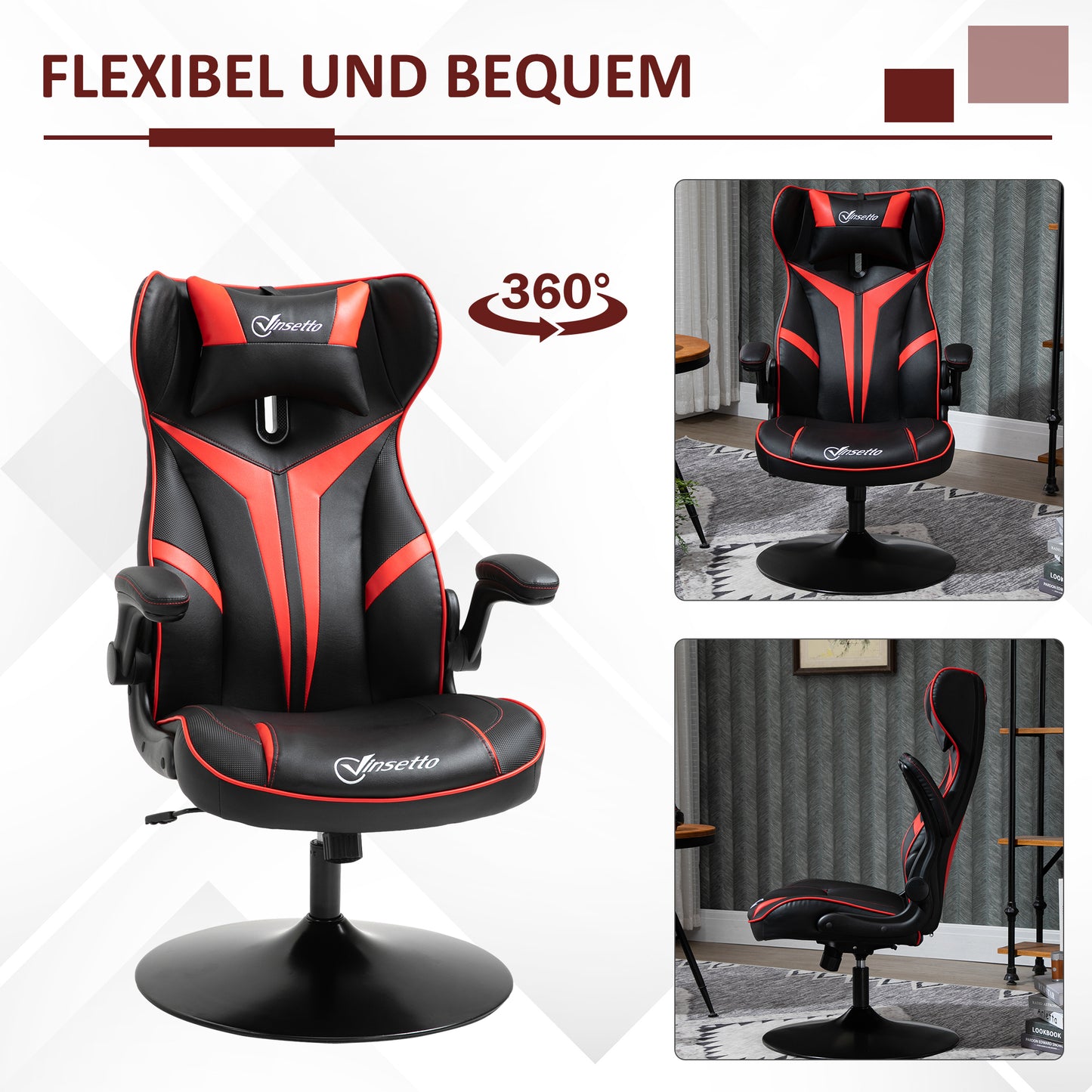 Vinsetto Gaming Stuhl ergonomischer Computerstuhl mit Wippfunktion Drehstuhl höhenverstellbar Stahl Schwarz+Rot 67 x 70 x 106-112 سم