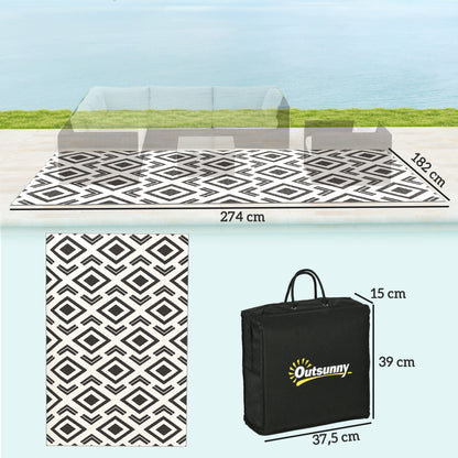 Outsunny Outdoor Teppich robuster Wetterfest Outdoorteppich mit Tragtasche, faltbar Carpet Boho-Style 182 x 274 cm Schwarz+Weiß
