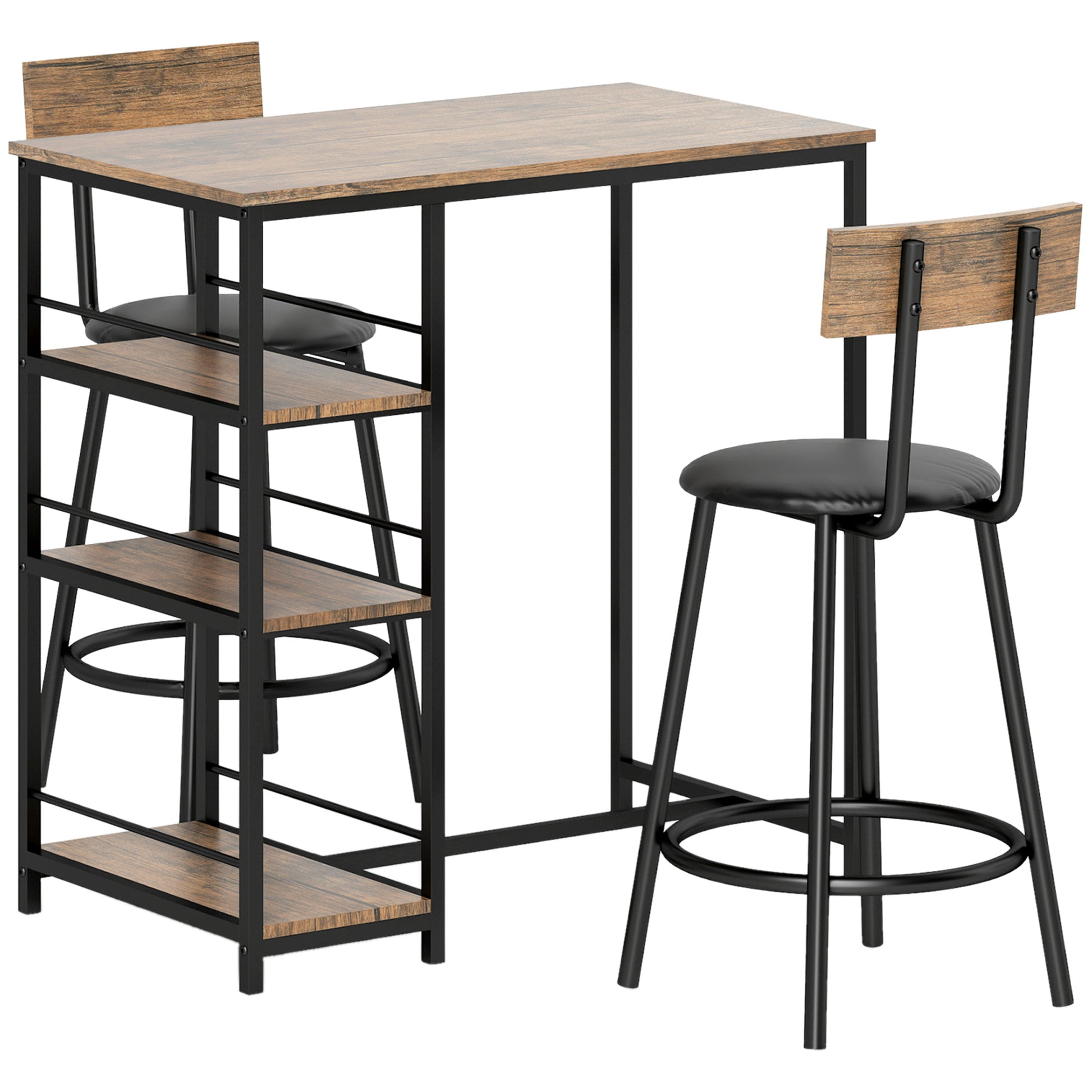HOMCOM 3-teiliges Ess-Set mit Bartisch und 2 Stühlen, Kleines Küchenset mit seitlichen Regalen, MDF, Metall, Schwarz