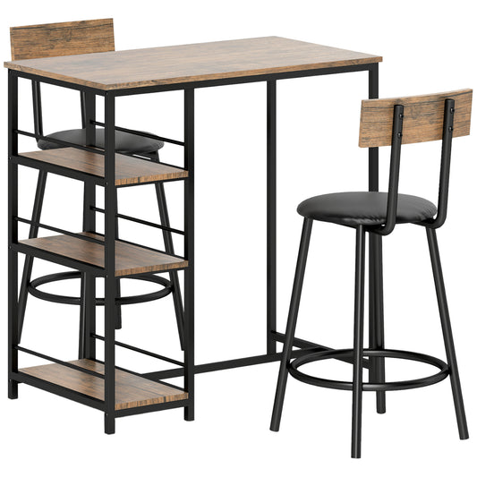 HOMCOM 3-teiliges Ess-Set mit Bartisch und 2 Stühlen, Kleines Küchenset mit seitlichen Regalen, MDF, Metall, Schwarz