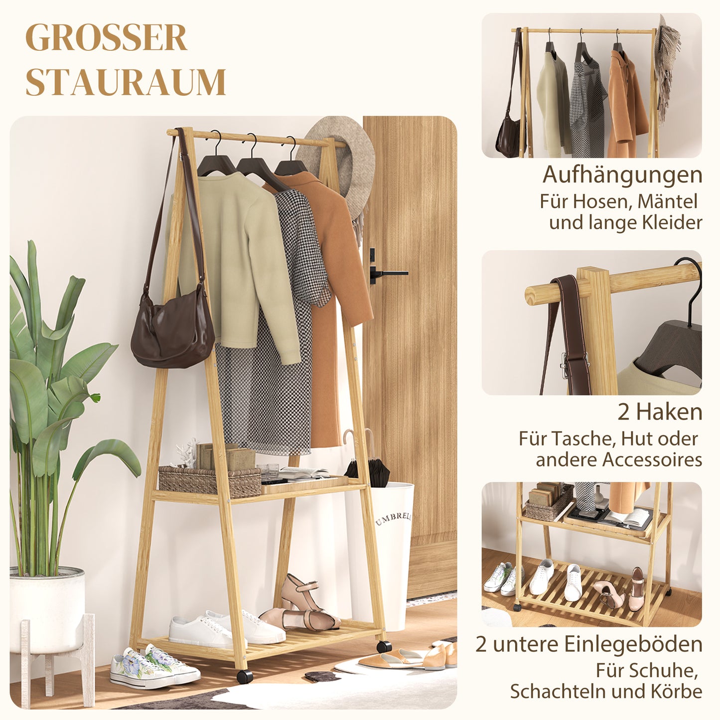 HOMCOM Kleiderständer, 2 untere Regale, 67 cm lange Kleiderstange, Bambusholz, Rollen