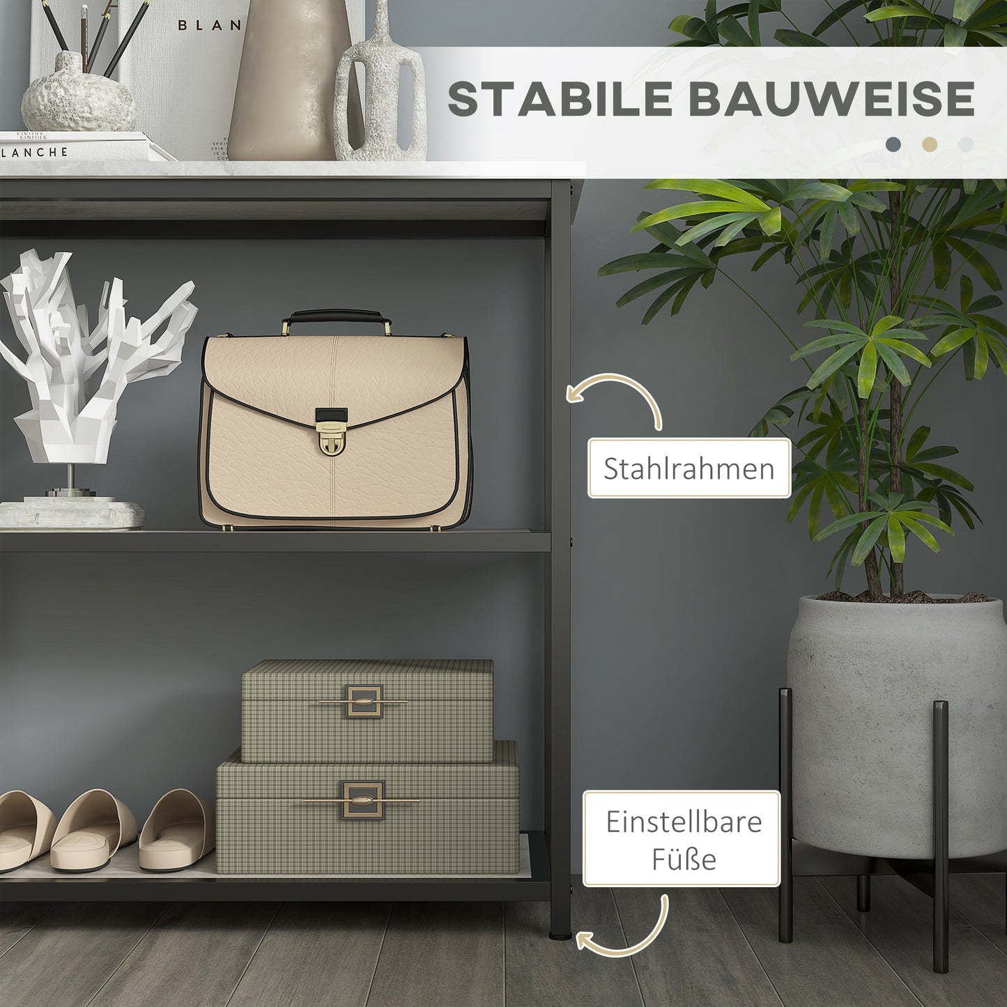 HOMCOM Konsolentisch im Industriedesign, 2 Regale, Marmor-Optik, Schwarz + Weiß