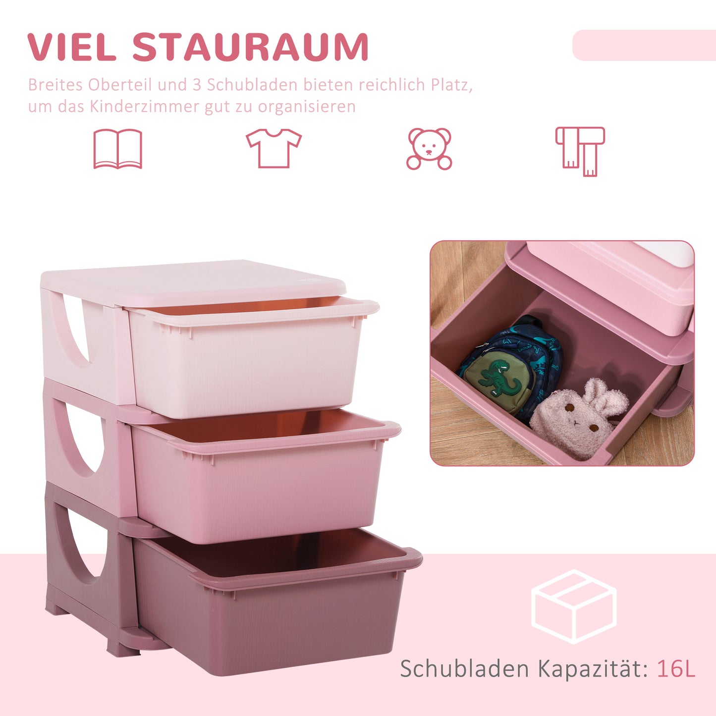 HOMCOM Aufbewahrungsboxen für Kinder، 3 Schubladen، abgerundete Kanten، erhöhtes Design، 37x37x56,5 سم، روزا