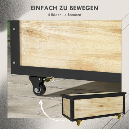 Outsunny Garten-Aufbewahrungsbox, 121 Liter, 2 Räder, wetterfest, Metallscharniere, Naturholz, 100x50x43 cm