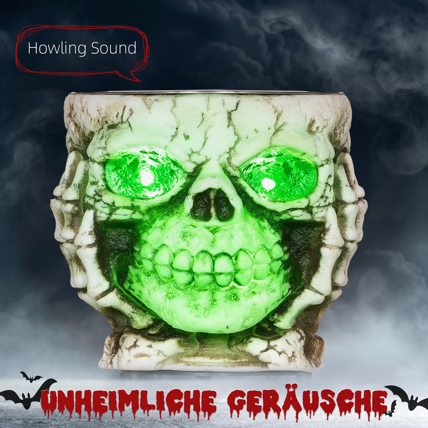 HOMCOM Halloweendekoration, Skelett-Süßigkeitenschale, leuchtende Augen, unheimliches Heulen, Grau/Schwarz