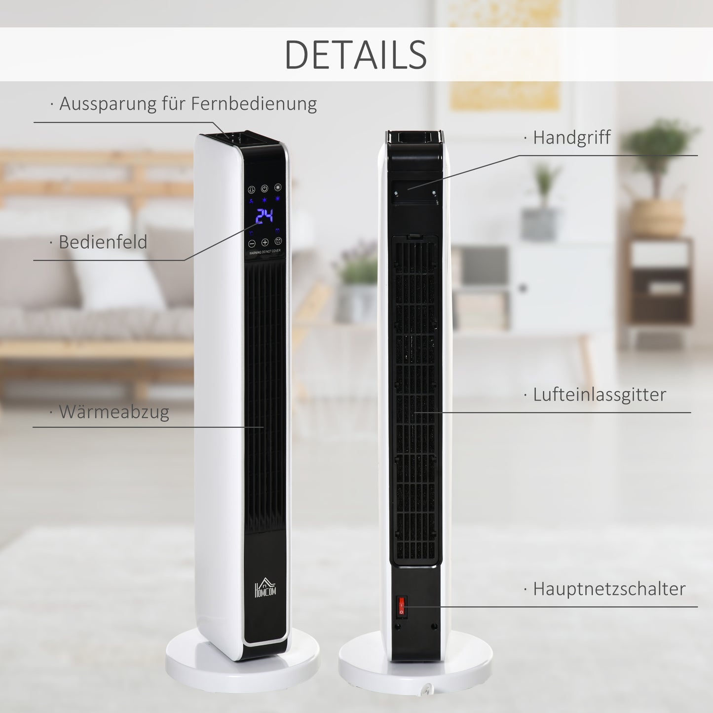 HOMCOM Heizgerät Heizlüfter 2200W Elektroheizer Keramik Heizturm mit Fernbedienung 8-Stunden-Timer Oszillation Heizer Heizung ABS PA Weiß+Schwarz 21 x 21 x 73 cm