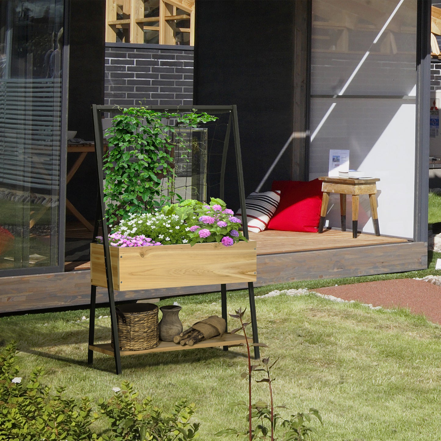 Outsunny Hochbeet im Industrie-Design, mit 1 Regal, Innenverkleidung aus Vlies, wetterbeständig, 80 cm x 30 cm x 125 cm