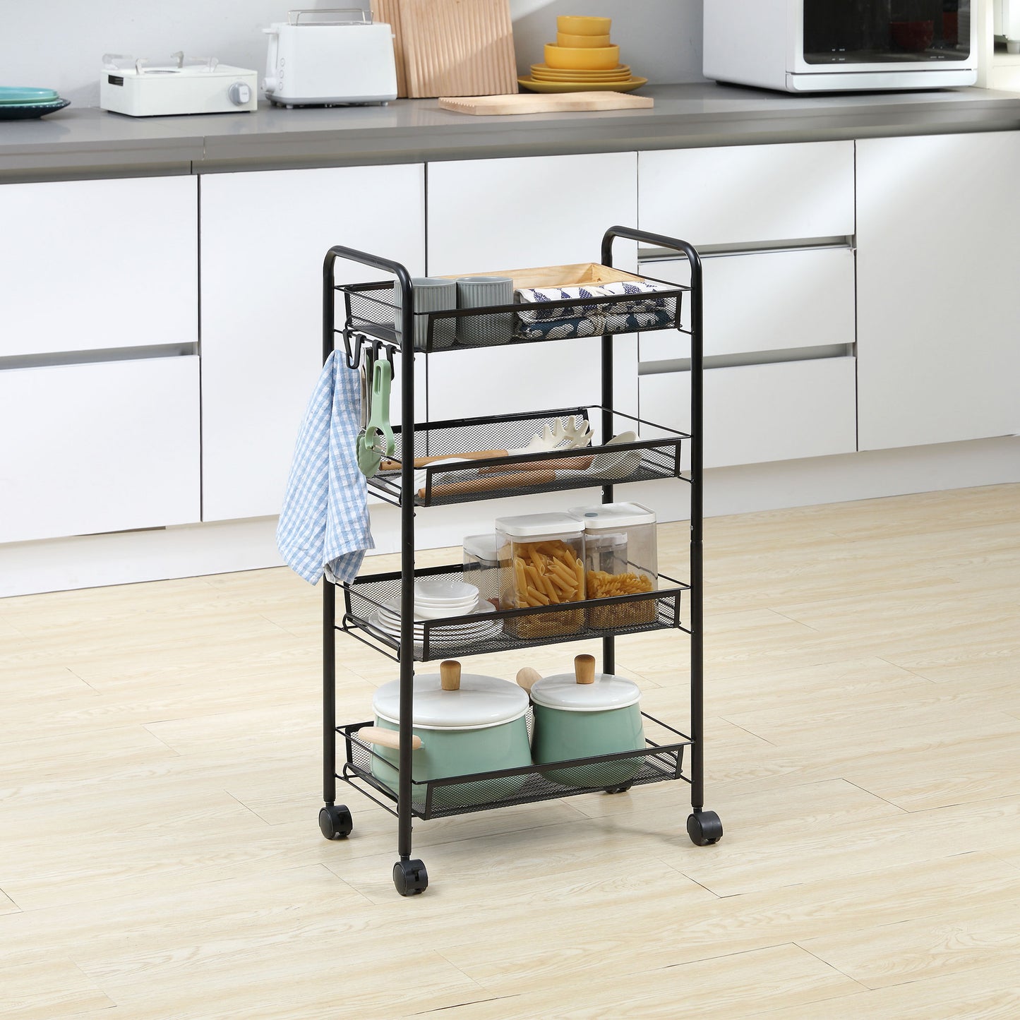 HOMCOM Rollwagen mit 4 Hängekörben, Servierwagen auf Rollen, fahrbar, abnehmbare Haken, Stahl, 45 x 26,5 x 84 cm, Schwarz
