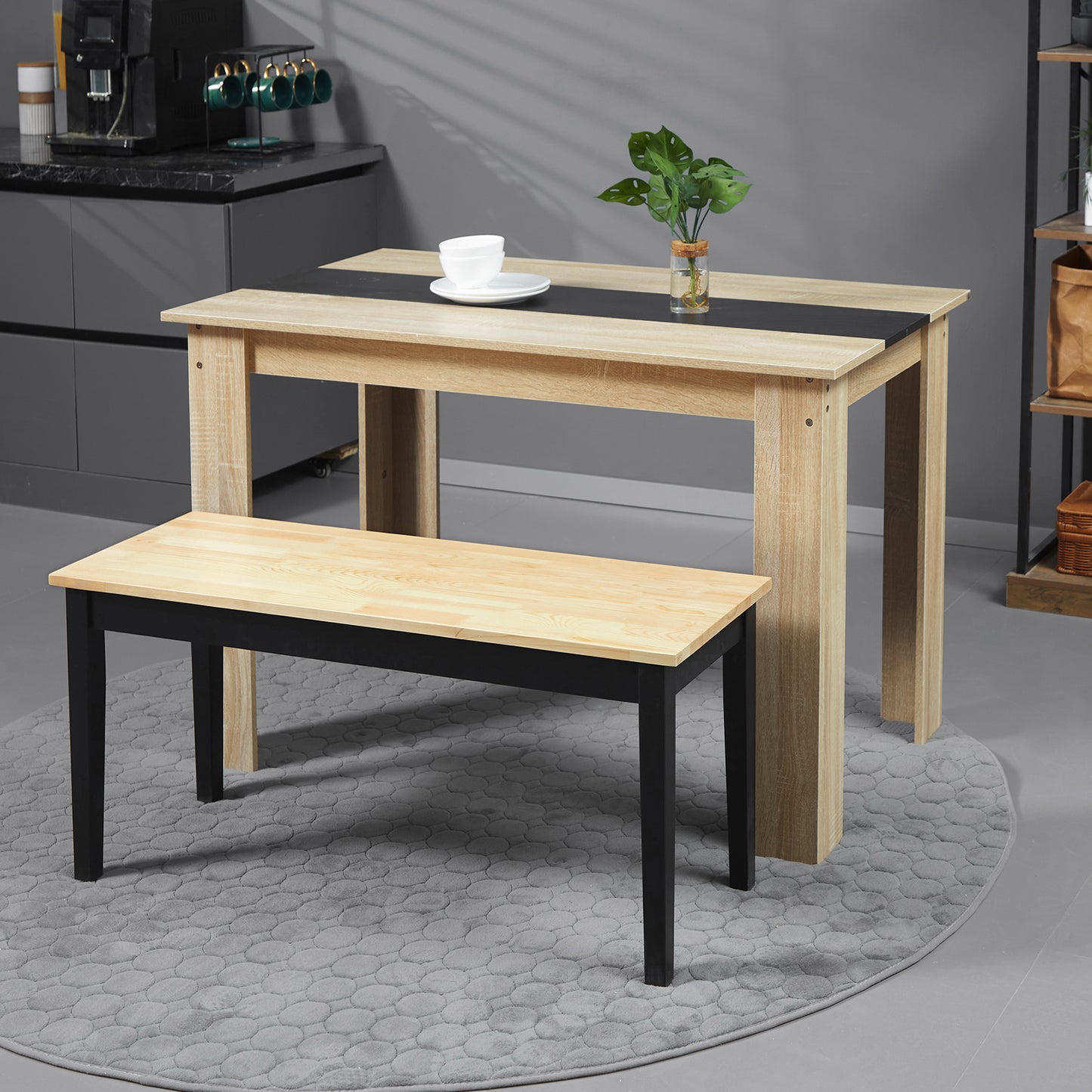 HOMCOM Moderne Sitzbank für 2 Personen, Holzbank, Massivholz, lackiert, Natur+ Schwarz