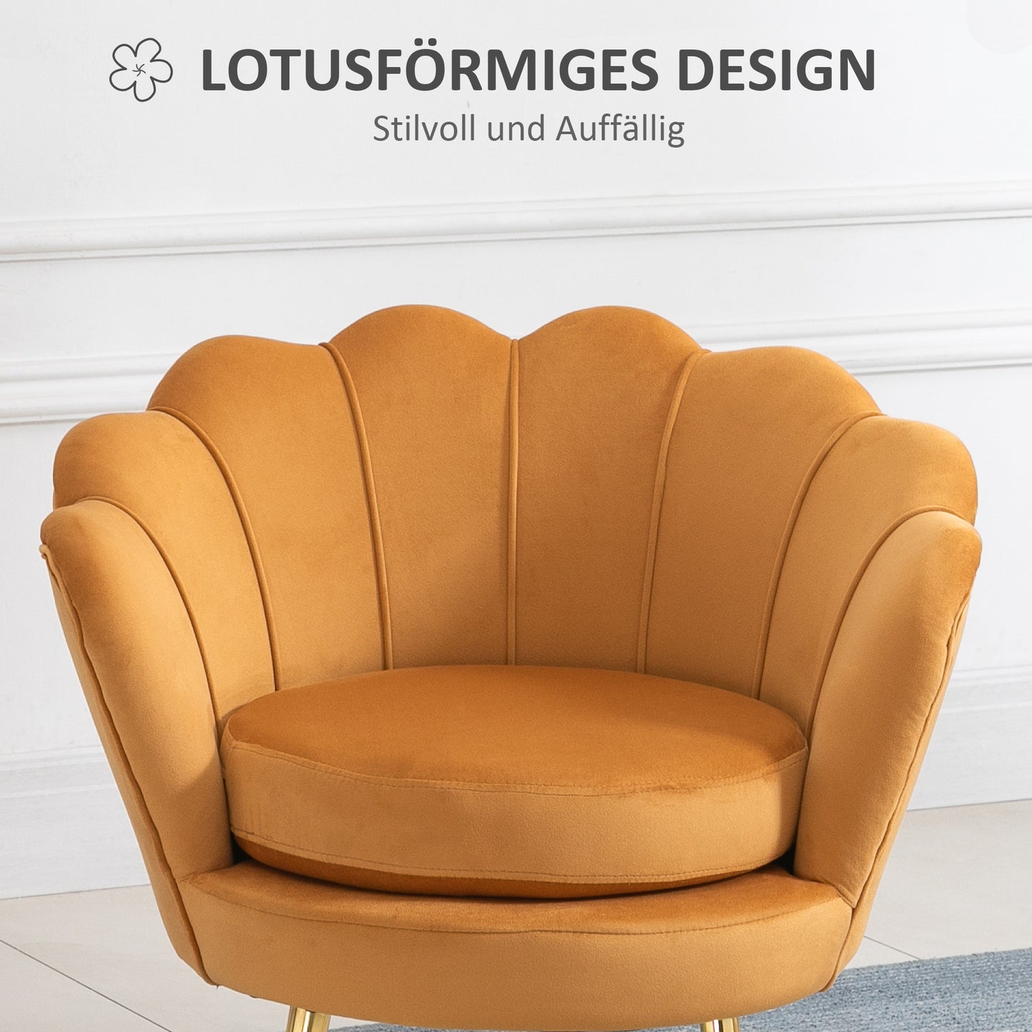 HOMCOM Lounge-Sessel, Vintage-Sessel i Samtoptik, Metallgestell, 76 x 67 x 74 cm, Gelb
