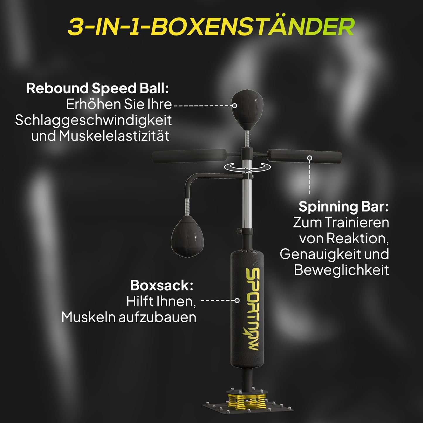 SPORTNOW Boxstand, zwei Speedballs, drehbare Boxstange, Kickpolster, höhenverstellbar, Stahl, 107 x 36 x 140-205 cm, Schwarz