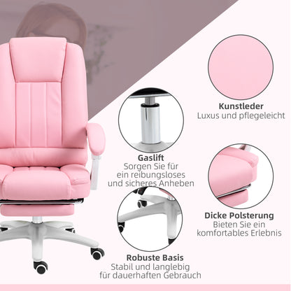 Vinsetto Bürostuhl mit Fußstütze, verstellbare Rückenlehne, höhenverstellbar, 5 Rollen, Rosa + Weiß