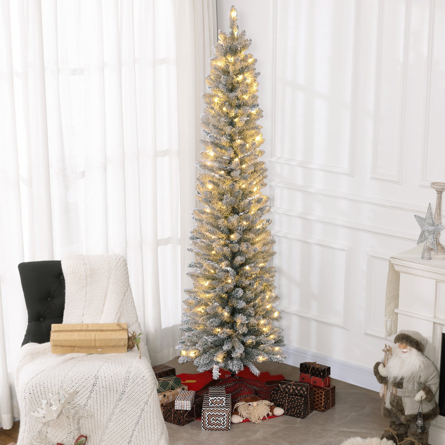 HOMCOM Weihnachtsbaum 210 cm, LED-Lichterkette, Kunstkette, flammhemmend, Metallbasis, Grün
