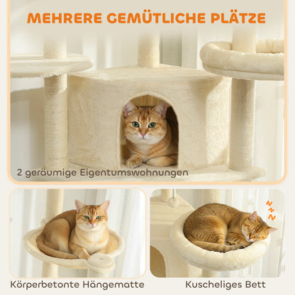 PawHut 2 Meter hoher Kratzbaum für 2-3 Katzen, Kratzpfosten, Höhlen, Hängematte, Verstecke, mehrstöckiges Design, Sisal, Holz, Plüsch, Beige