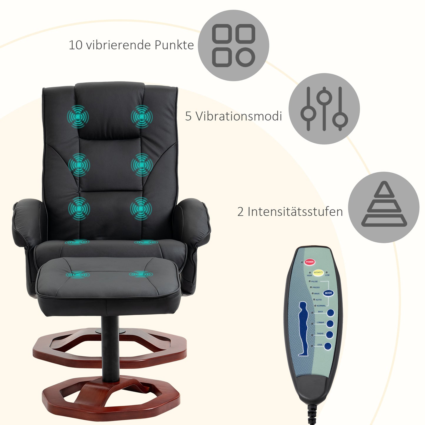 HOMCOM Massagesessel, mit Fußhocker, 10 Massagepunkte, Liegefunktion, drehbarer Sitz, Schwarz, 73 x 83 x 106cm