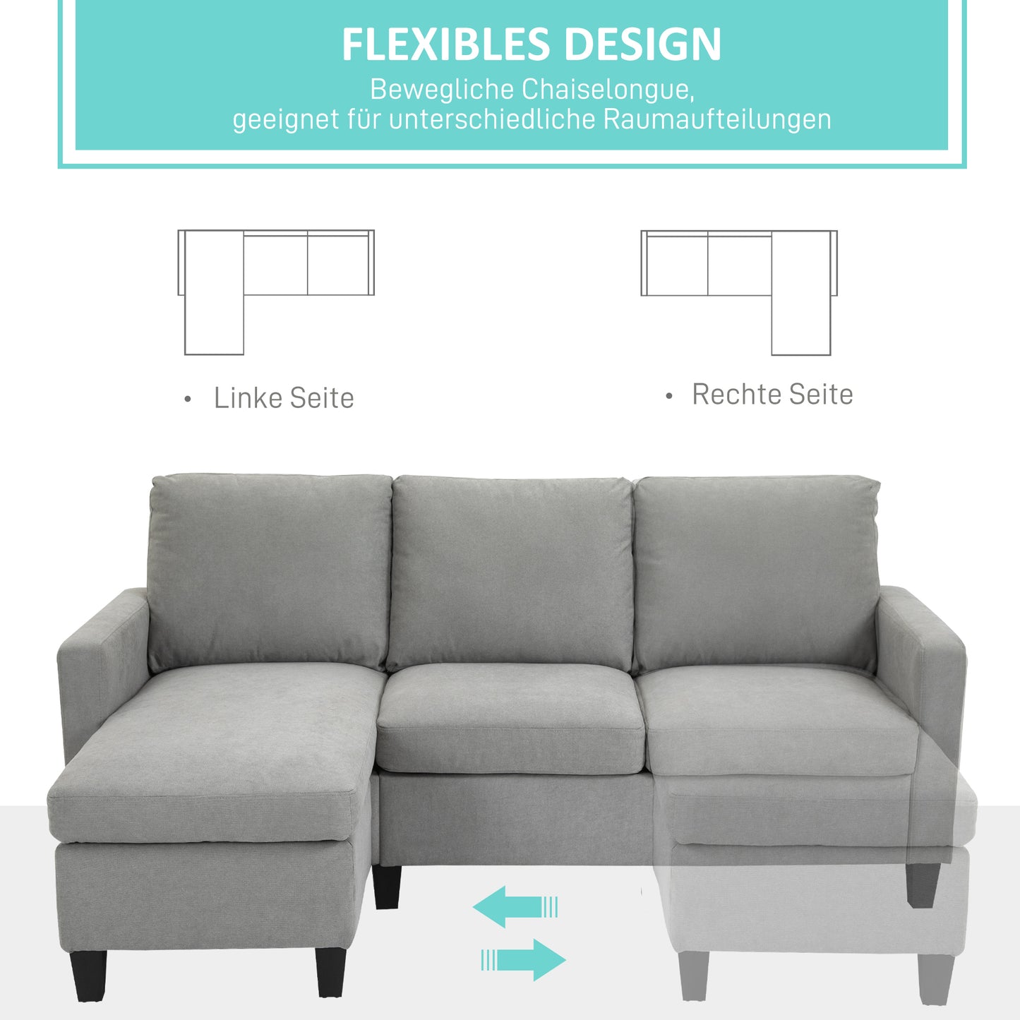 HOMCOM Ecksofa mit Schlaffunktion, 3-Sitzer-Sofa mit Bettkasten und Kissen, Eckcouch, L-Form Couch, Stoffbezug, Grau