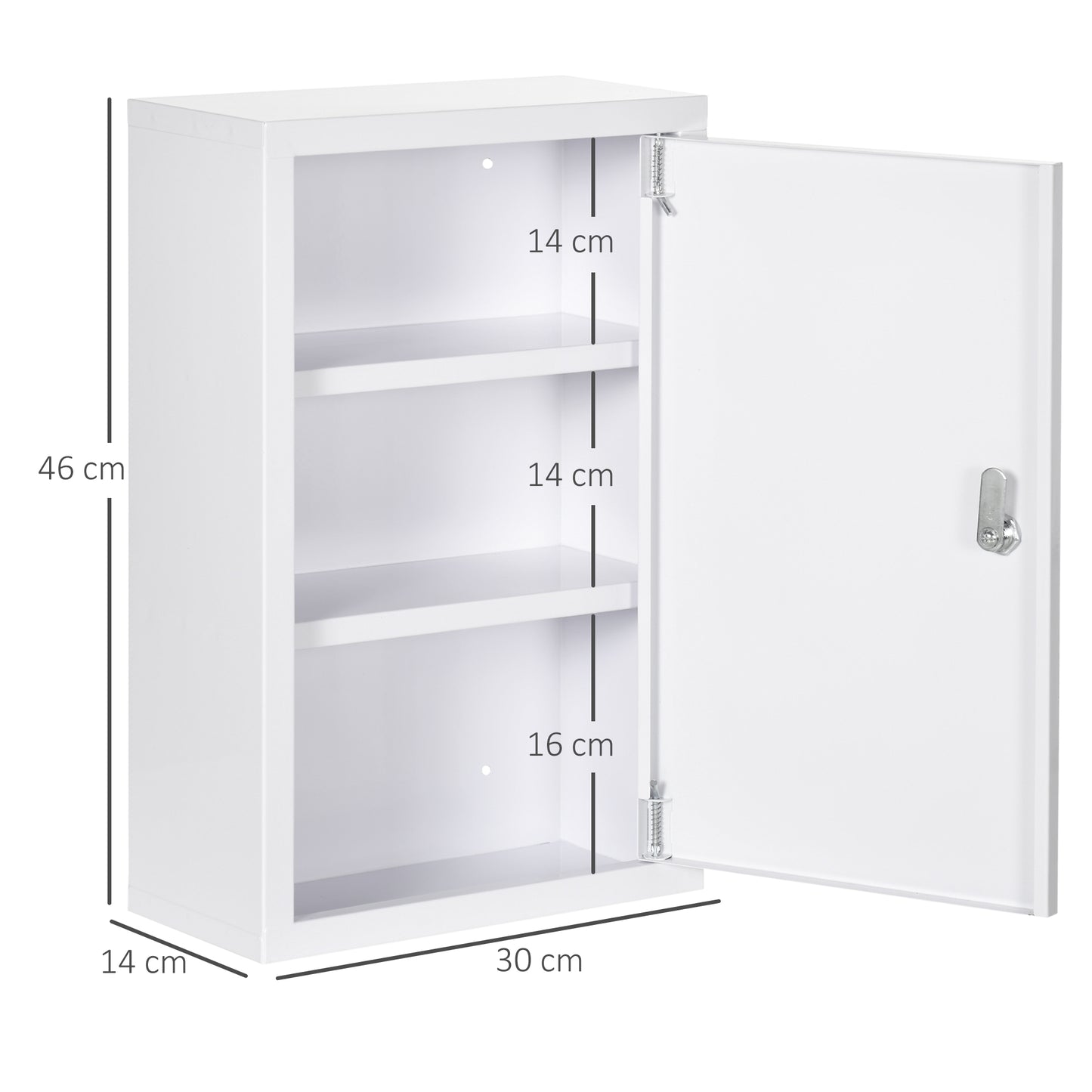 kleankin Medizinschrank, 3 Fächer, abschließbare Tür, stabiles Stahlgehäuse, weiß, 30 x 14 x 46 cm