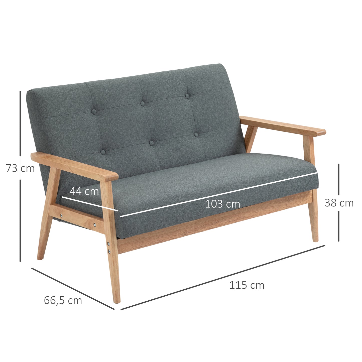 HOMCOM Sofa 2 Sitzer Couch, Wohnzimmersofa mit Leinenoptik Modern Polstersofa für Wohnzimmer, Schlafzimmer, Dunkelgrau 115 x 66,5 x 73 cm