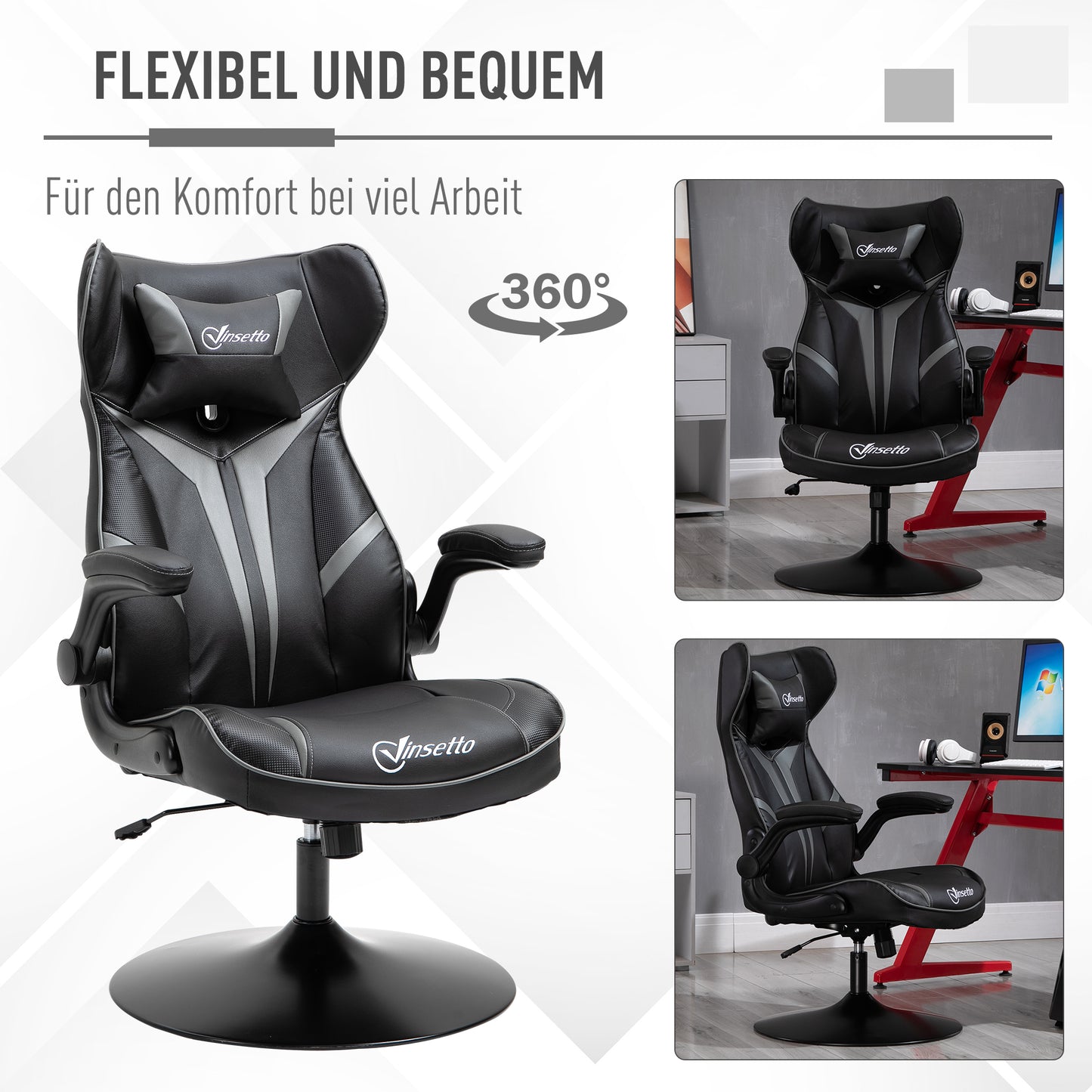 Vinsetto Gaming Stuhl ergonomischer Computerstuhl mit Wippfunktion Drehstuhl höhenverstellbar Stahl Schwarz+Grau 67 x 70 x 106-112 cm