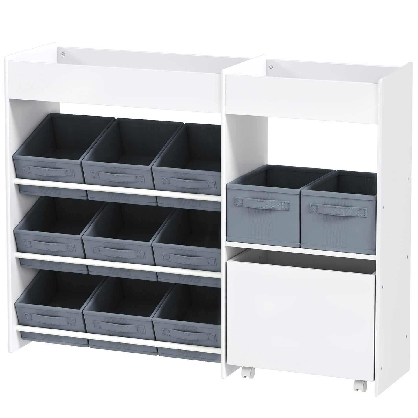 AIYAPLAY Kinder-Aufbewahrungsregal, Spielzeugschrank für Kinder mit 11 Stoffboxen, oberen Fächern, 3 Stickern, Weiß