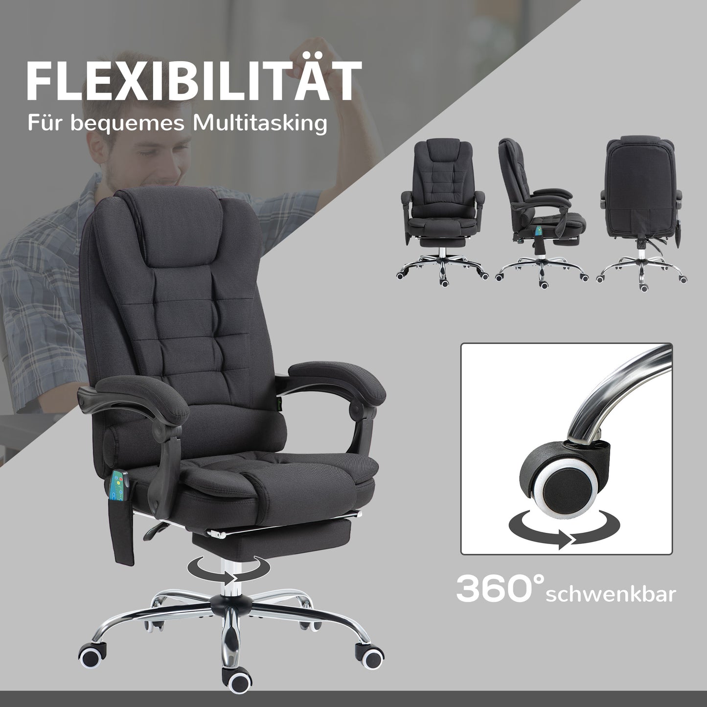 Vinsetto Bürostuhl mit Massagefunktion, Ergonomischer Schreibtischstuhl mit Liege- & Wärmefunktion, höhenverstellbar, Schwarz