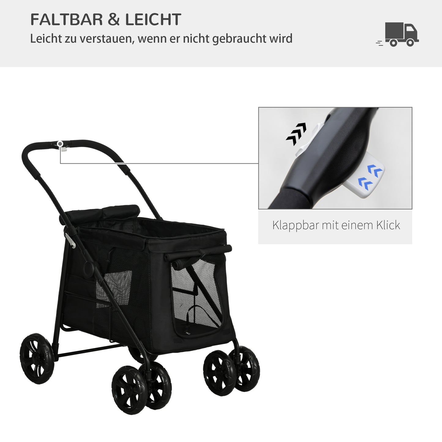 PawHut Hundetrolley inkl. Kissen, 3 Seitentaschen, klappbar, Hundewagen, 102 cm x 62 cm x 105 cm, Schwarz