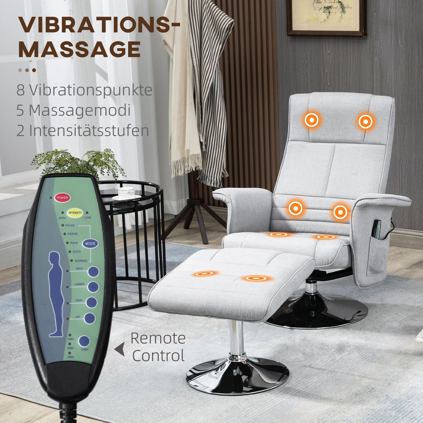 HOMCOM Massagesessel mit Hocker، neigbare Lehne، 78 × 95 × 88 سم، Hellgrau