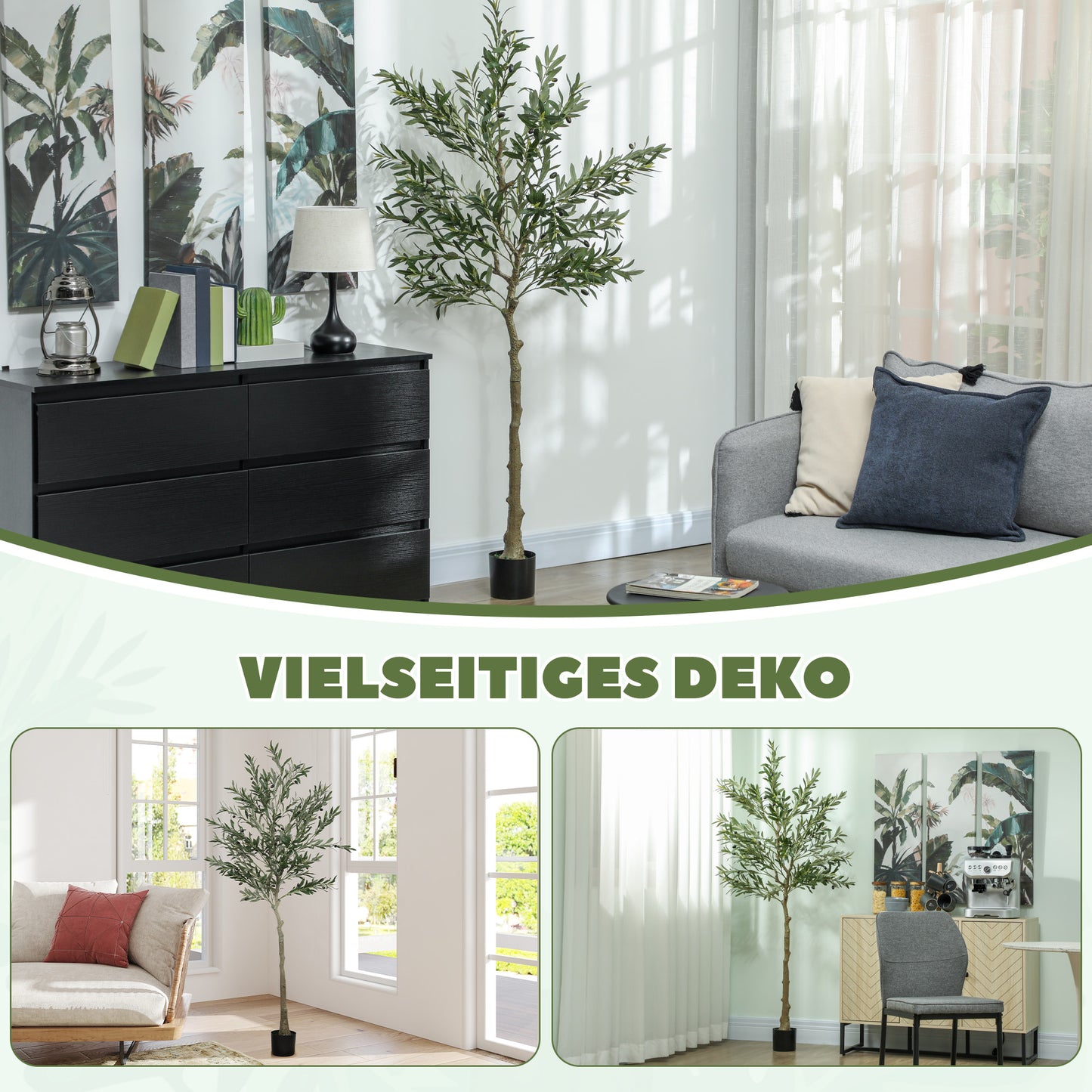 HOMCOM Kunstpflanze, Künstlicher Olivenbaum, 180 cm, 900 Blätter, 40 Oliven, stabiler Blumentopf, Dekorationspflanze, Grün