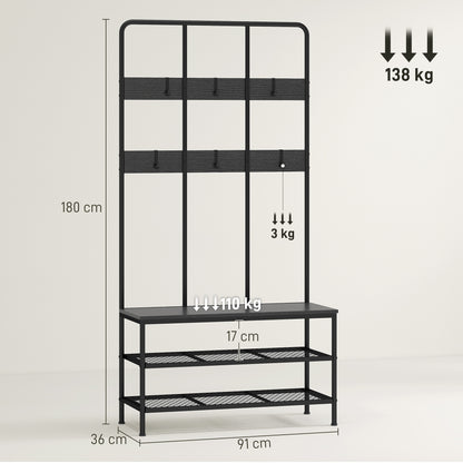HOMCOM 3-in-1 Garderobenständer, Kleiderhaken, Sitzbank, Schuhregal, Metall, Spanplatte, Schwarz