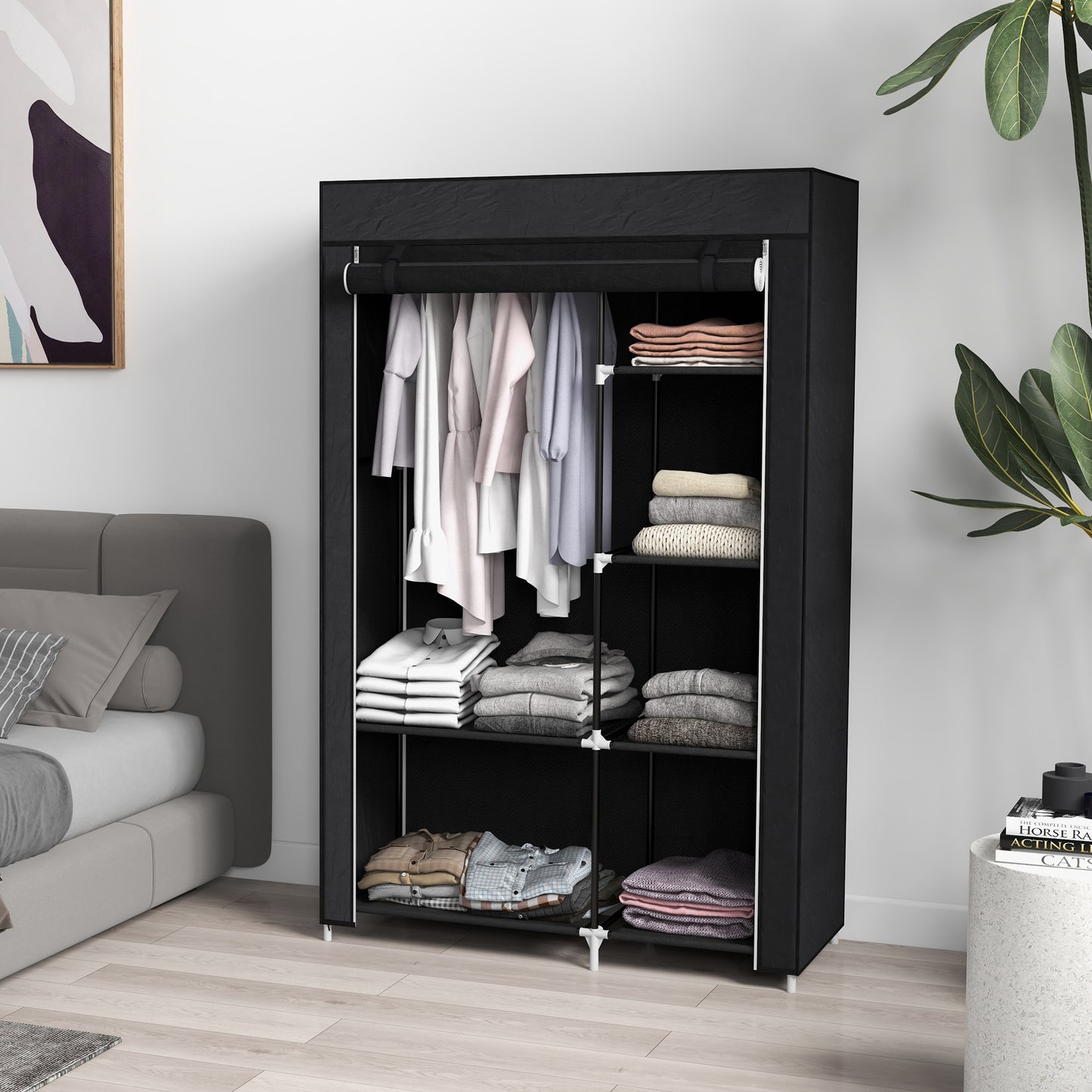 HOMCOM Schrank aus Stoff, Aufbewahrungslösung, 6 Regale, 1 Kleiderstange, Schwarz