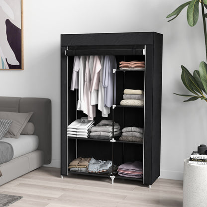 HOMCOM Schrank aus Stoff, Aufbewahrungslösung, 6 Regale, 1 Kleiderstange, Schwarz