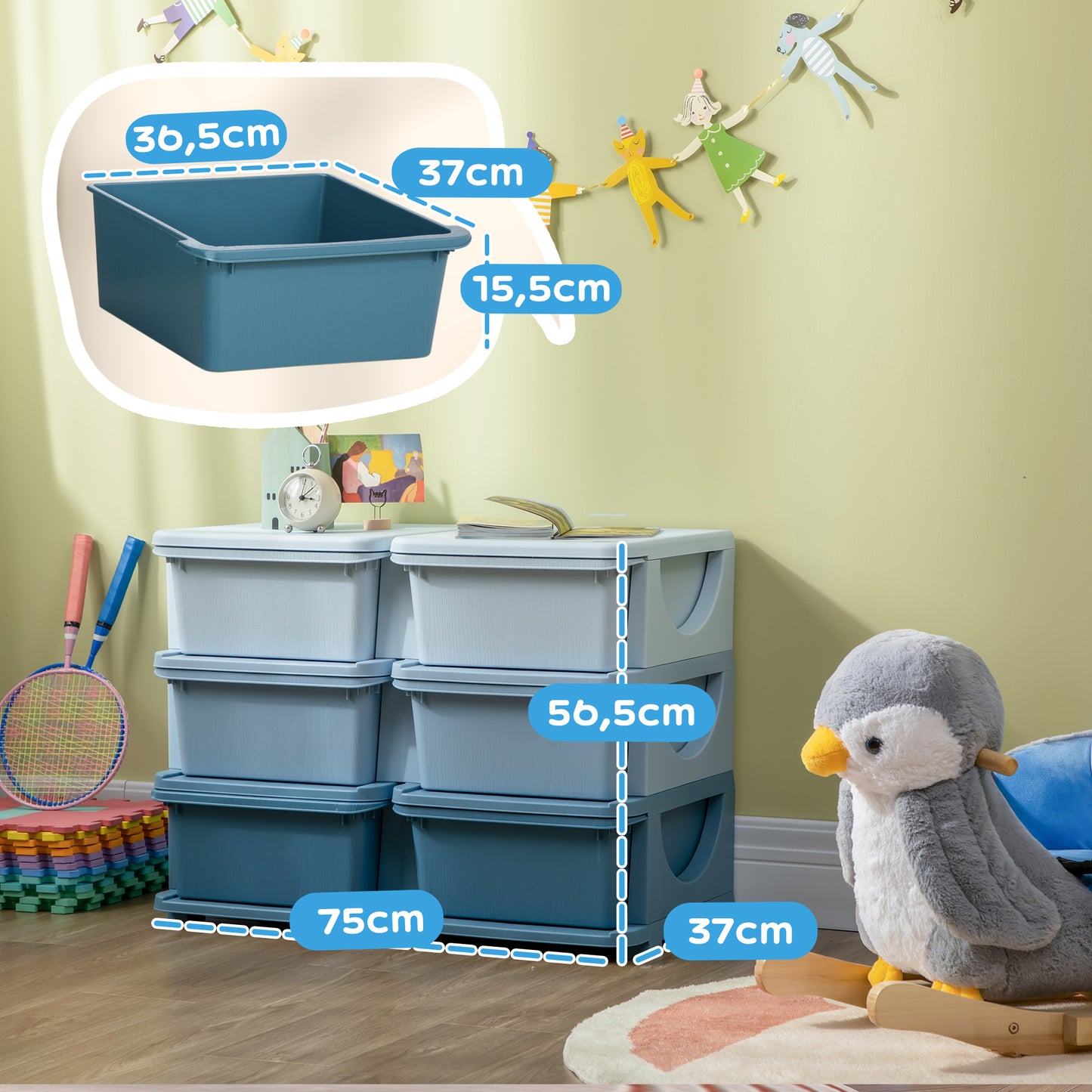 HOMCOM Aufbewahrungsbox für Kinder, Kinder-Aufbewahrungsbox, 3 Schubladen, Blau