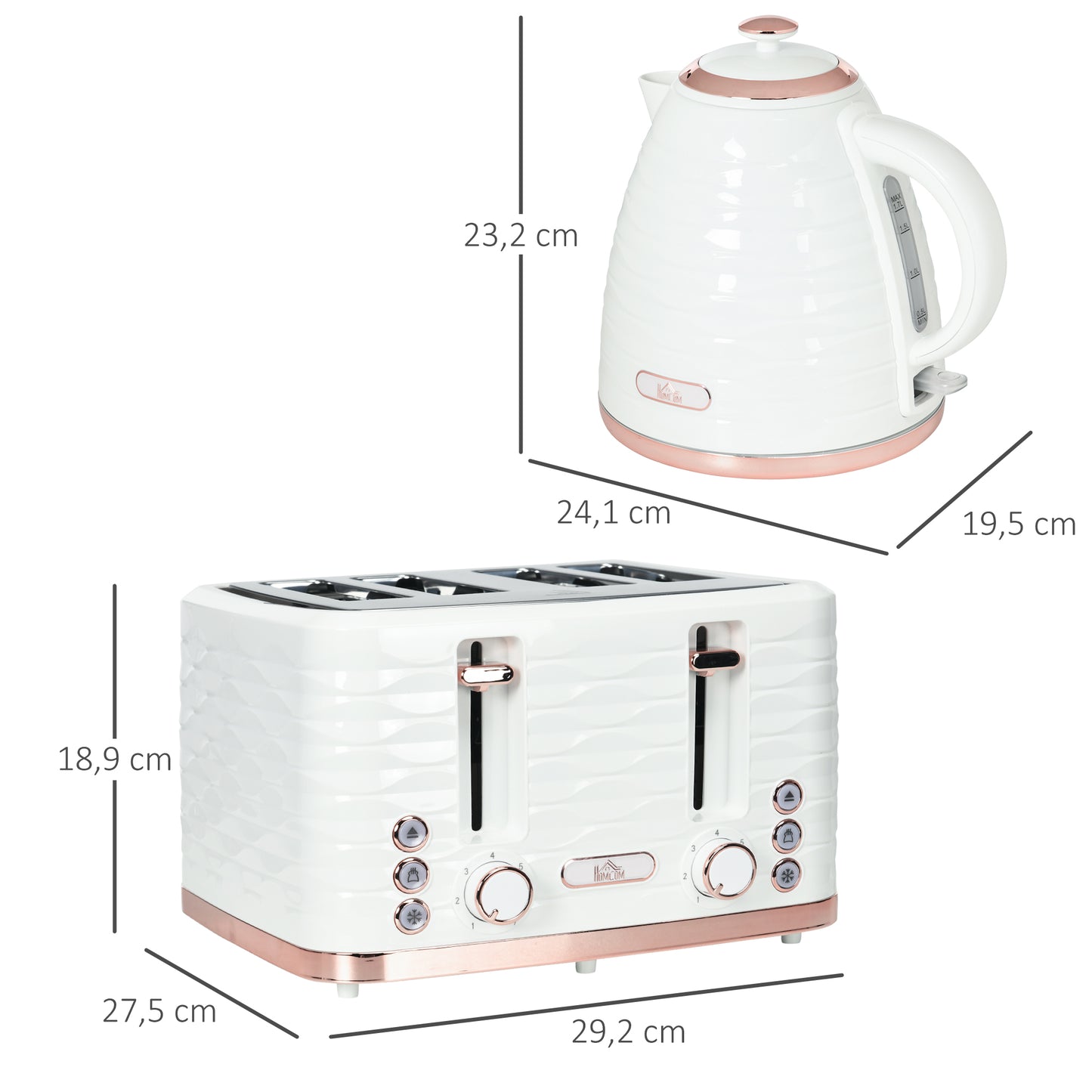 HOMCOM 2-in-1 Toaster- und Wasserkocher-Set, 7 Bräunungsstufen, Auftau- und Aufwärmfunktion, Cremeweiß
