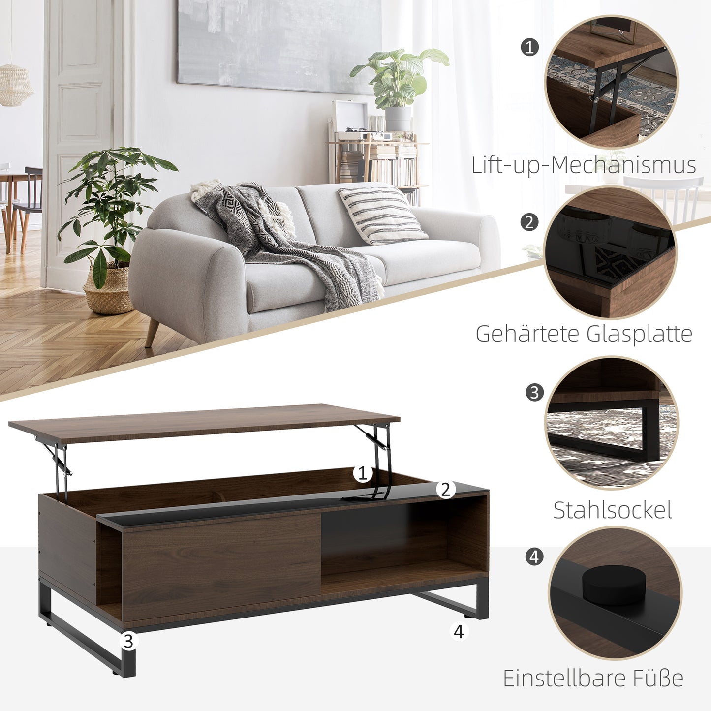 HOMCOM Beistelltisch mit Hebefunktion, verstecktes Staufach, Walsnussholzoptik, Stahlrahmen, 102 x 58 x 35,5 cm