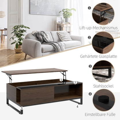 HOMCOM Beistelltisch mit Hebefunktion, verstecktes Staufach, Walsnussholzoptik, Stahlrahmen, 102 x 58 x 35,5 cm