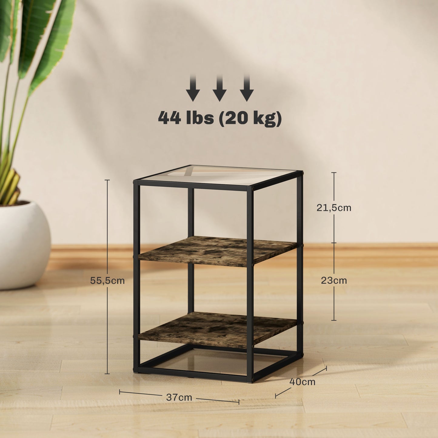 HOMCOM 2er-Set Beistelltische mit Glasplatte, 3-stufiges Design, Metallrahmen, für Wohnzimmer, Schlafzimmer, Braun