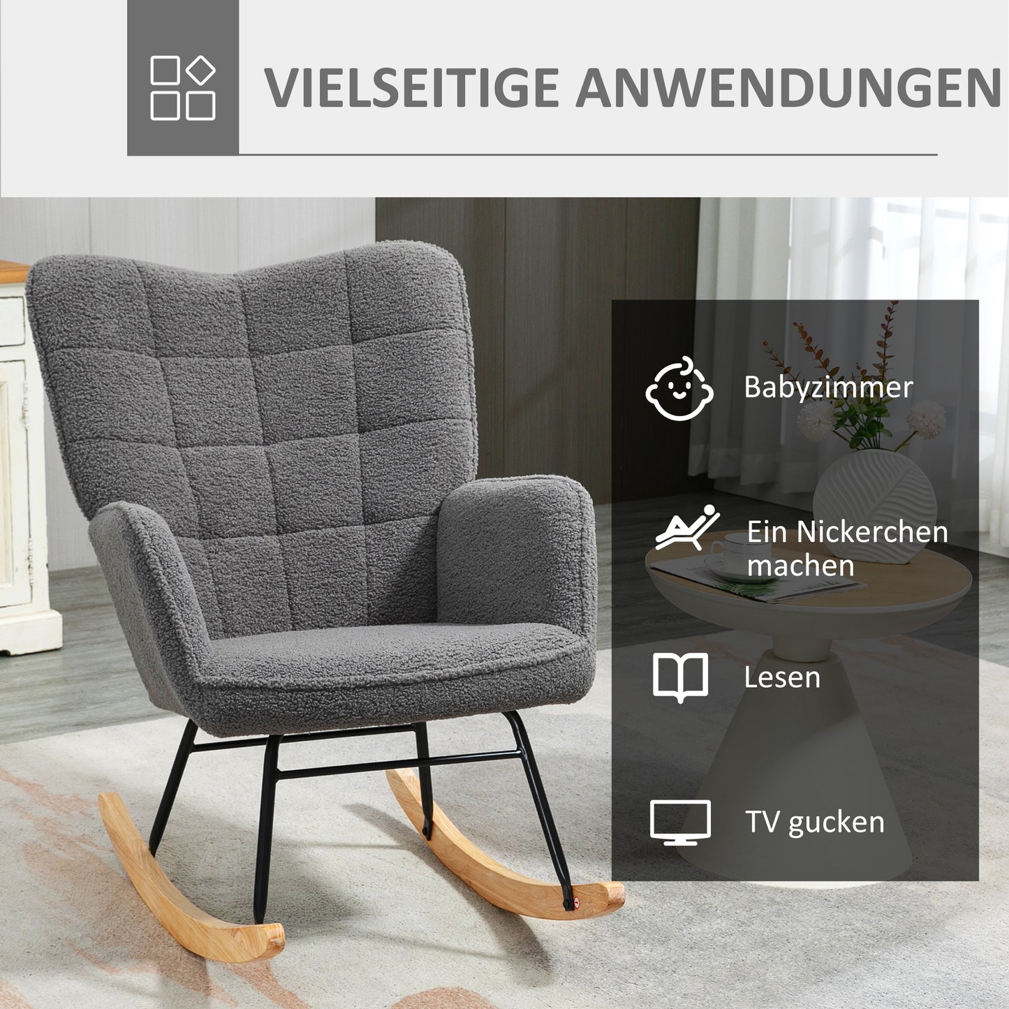 HOMCOM Schaukelstuhl im Retro-Design, Massivholz, Sessel, Relaxsessel, 98 cm x 71 cm x 101 cm, Dunkelgrau