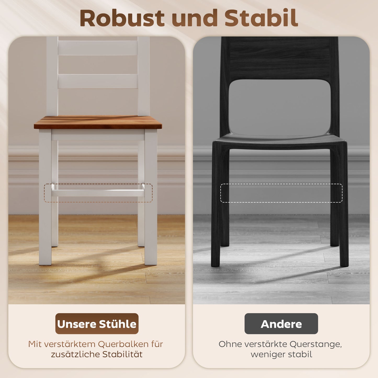 HOMCOM Essgruppenset, Esstisch, 4 Stühle, Esszimmerset, Kiefernholz, Braun+Weiß