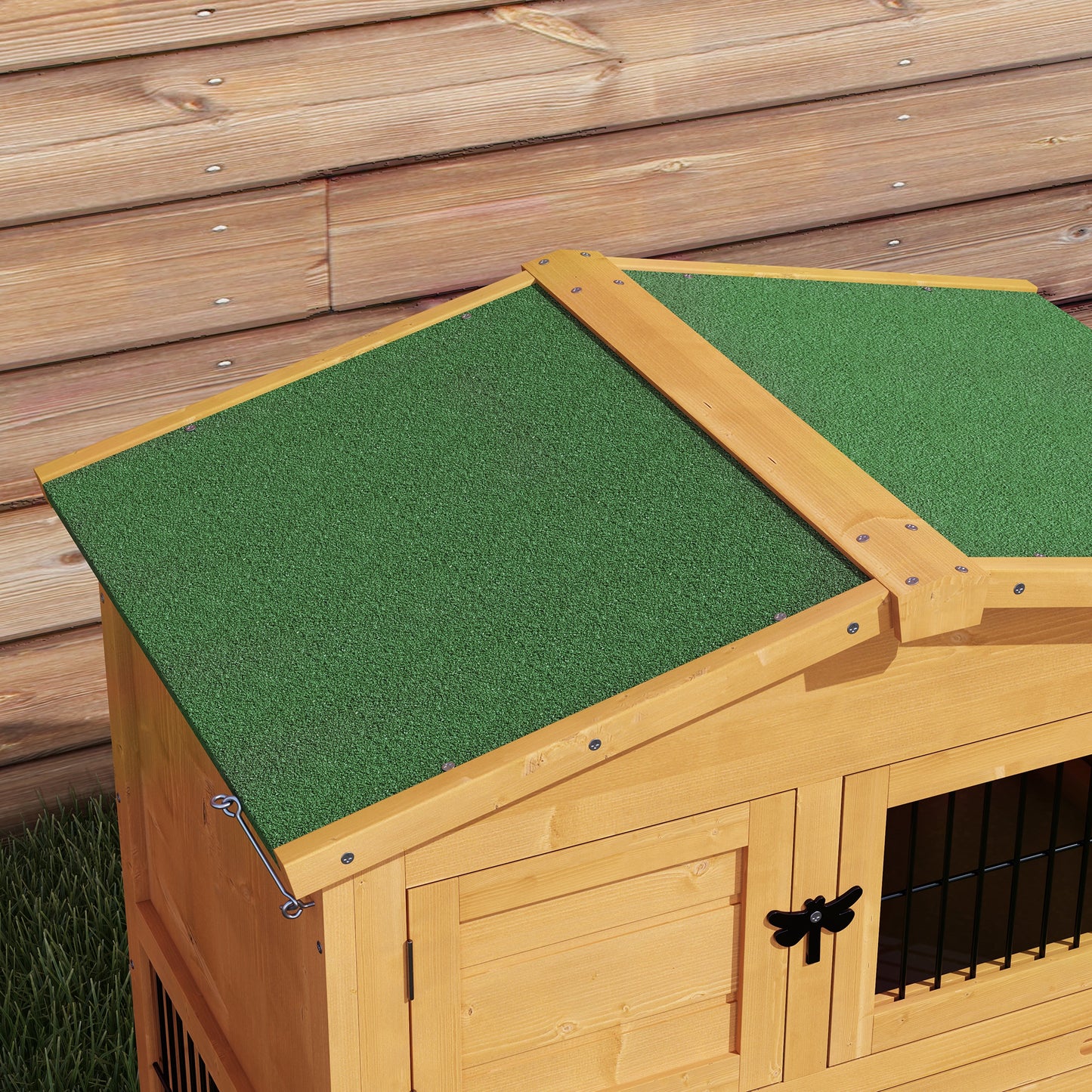 PawHut Hasenstall 2 Ebenen Kaninchenstall Tannenholz Winterfest Doppelstockhaus mit Freilaufgehege Rampe 150x52x68 cm Gelb