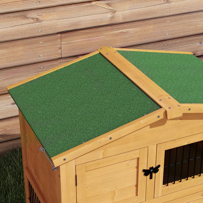PawHut Hasenstall 2 Ebenen Kaninchenstall Tannenholz Winterfest Doppelstockhaus mit Freilaufgehege Rampe 150x52x68 cm Gelb