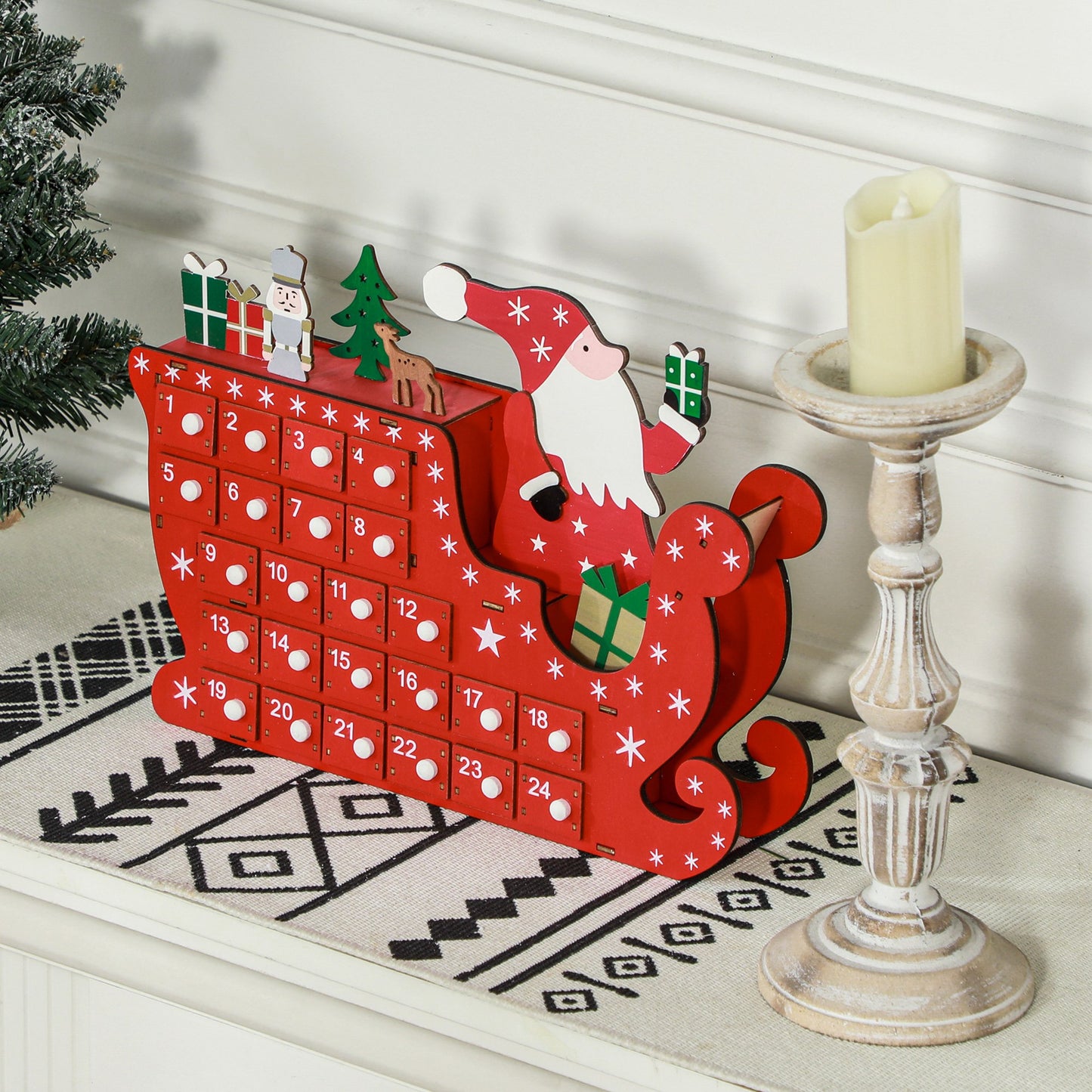 HOMCOM Adventskalender Weihnachtsmann mit Schlitten, 24 Fächer, wiederverwendbar, 22,5x8x36 cm, Rot
