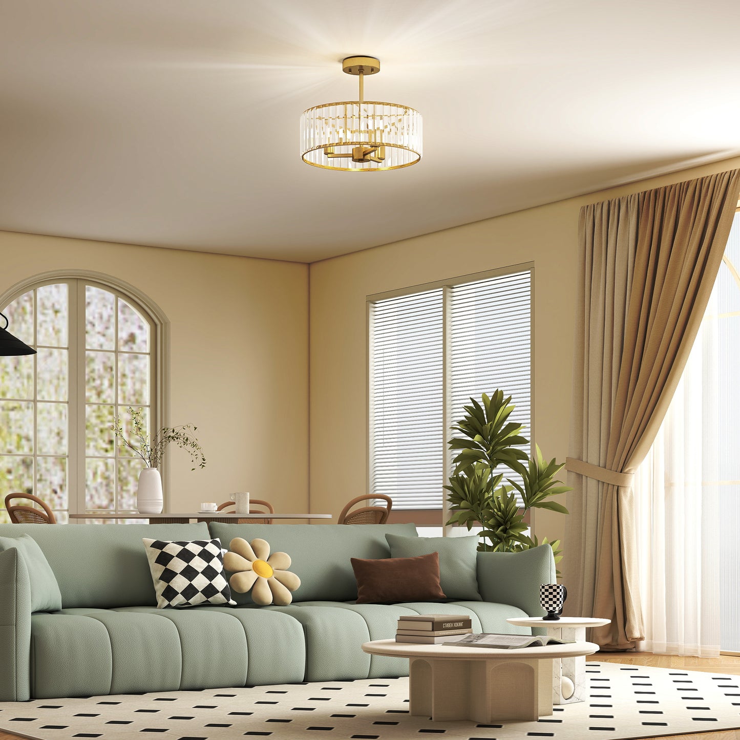 HOMCOM Deckenlampe، Kronleuchter-Design، Kristallschirm، 3 Glühbirnen، Metall، Goldfarben