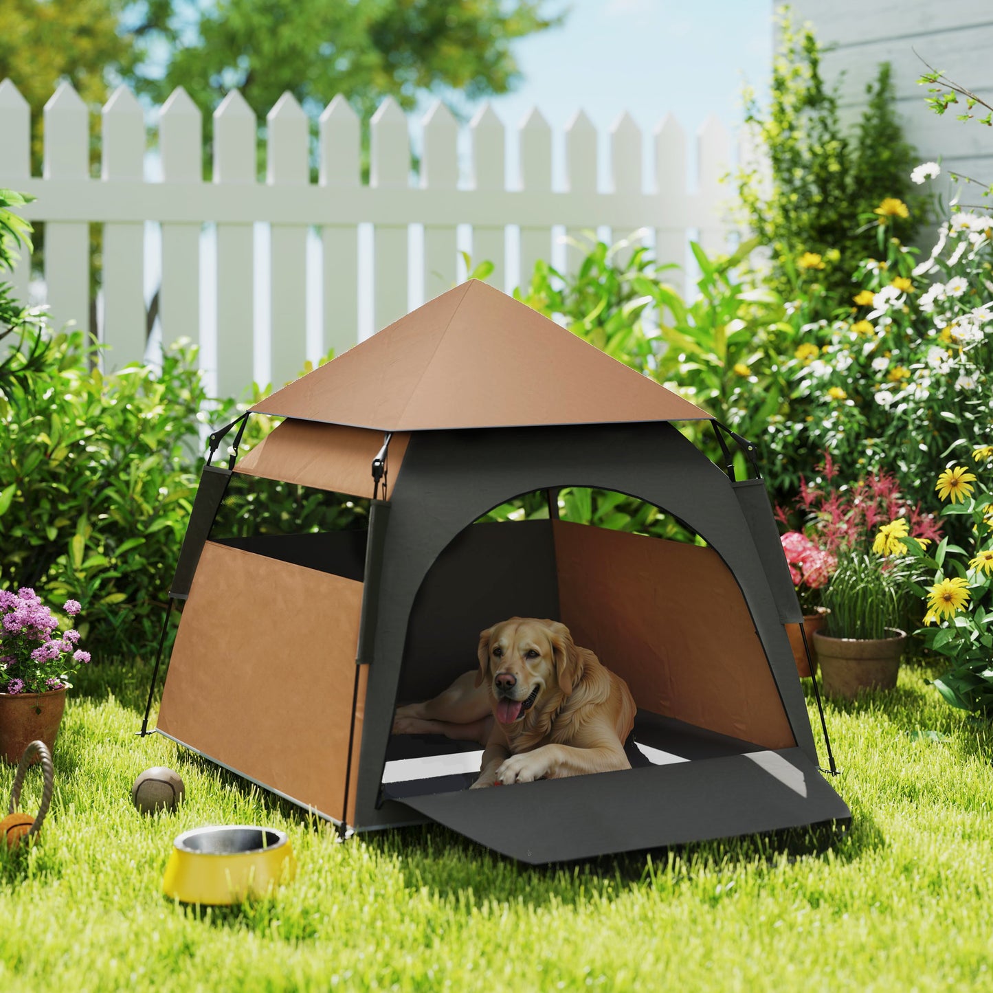 PawHut Haustierzelt, Hundezelt, klappbar, wetterbeständig, Hundehütte, für große Hunde, Dunkelbraun