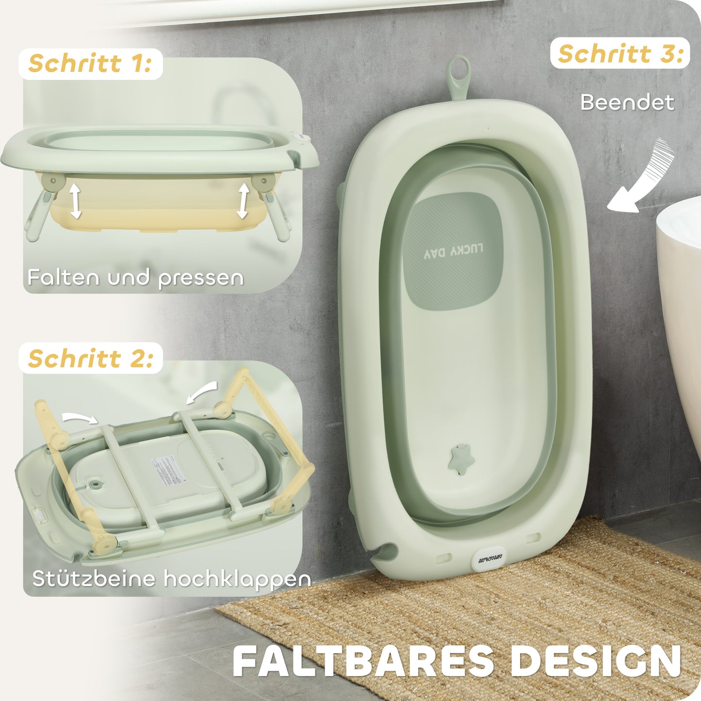 AIYAPLAY Babybadewanne, faltbar, rutschfester Boden, Elefanten-Badekissen, 86 x 53 x 25,5 cm, Grün