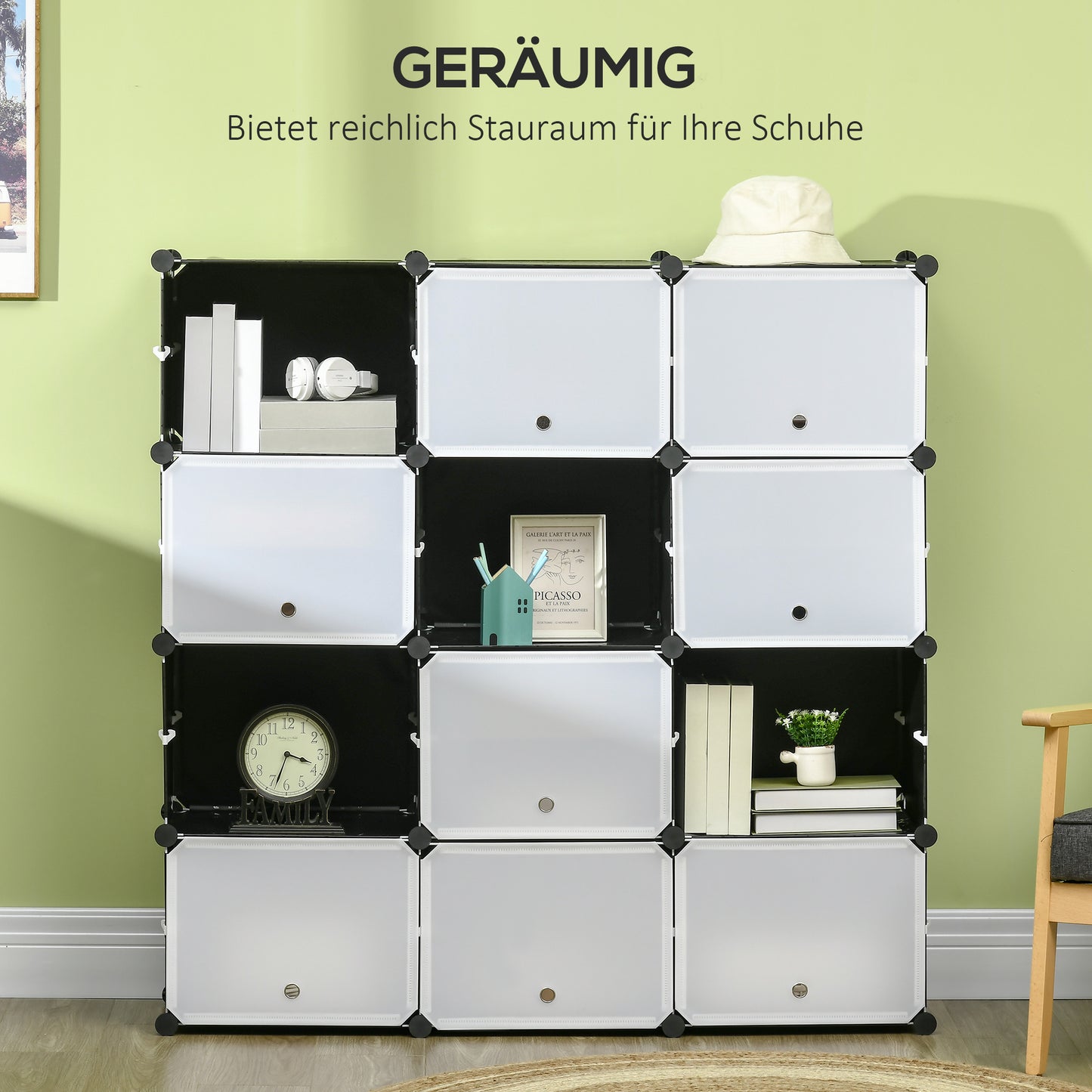 HOMCOM Modulares Regalsystem, Steckregal, zusammensetzbar aus 12 Würfeln 125 x 32 x 125 cm, Kunststoff+Stahl Schwarz
