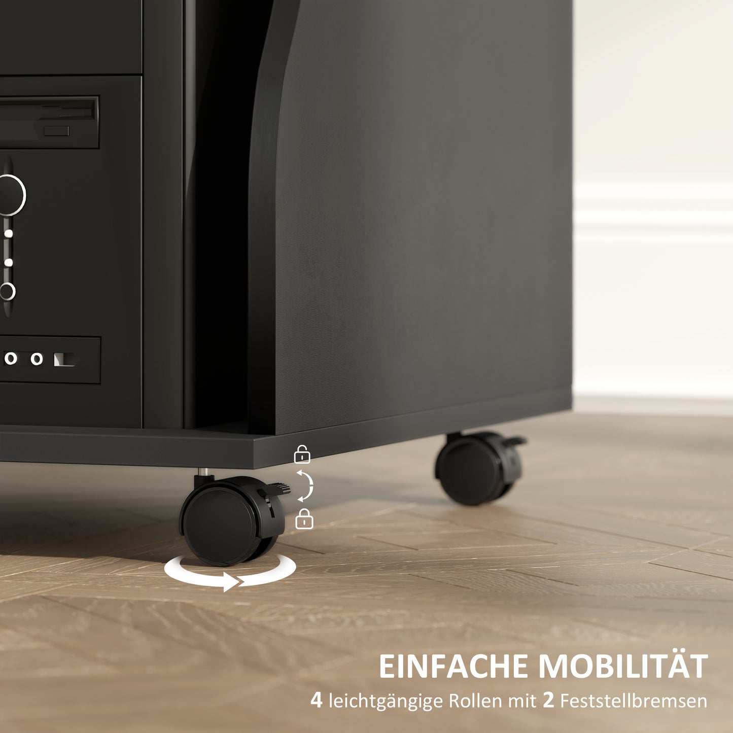 HOMCOM Computertisch mit Rollen, Schreibtisch mit Stauraum, 80 x 48 x 75 cm, Schwarz