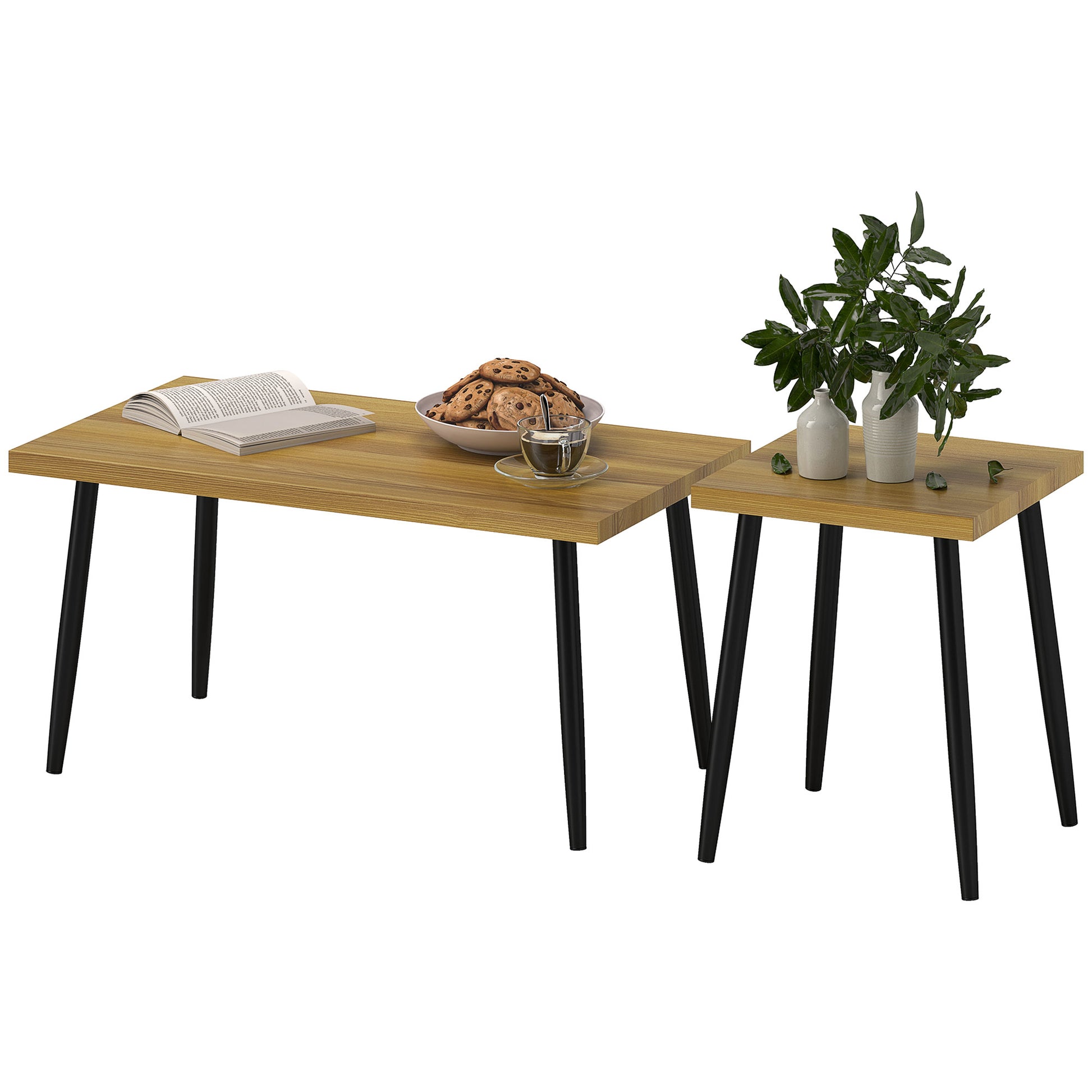 HOMCOM 2er-Set Kaffeetische, Großer und kleiner Tisch mit Metallrahmen und Holzplatte, Flexible Couchtische, Naturholz