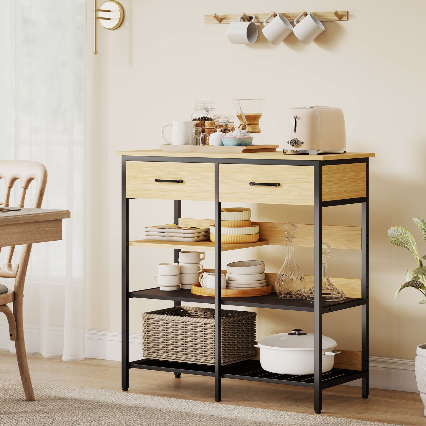 HOMCOM Sideboard, Kommode mit 2 Schubladen, 3 offenen Regalen Küchenschrankfür Küche, Wohnzimmer 90 x 40 x 91 cm, Naturholz