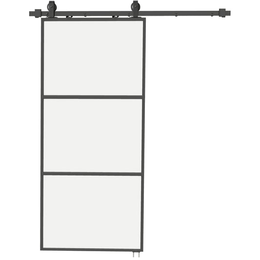 HOMCOM Schiebetür mit Milchglas, Schienensystem, Montagesatz, Soft-Close-Mechanismus, leichter Zusammenbau, Stahl, Schwarz