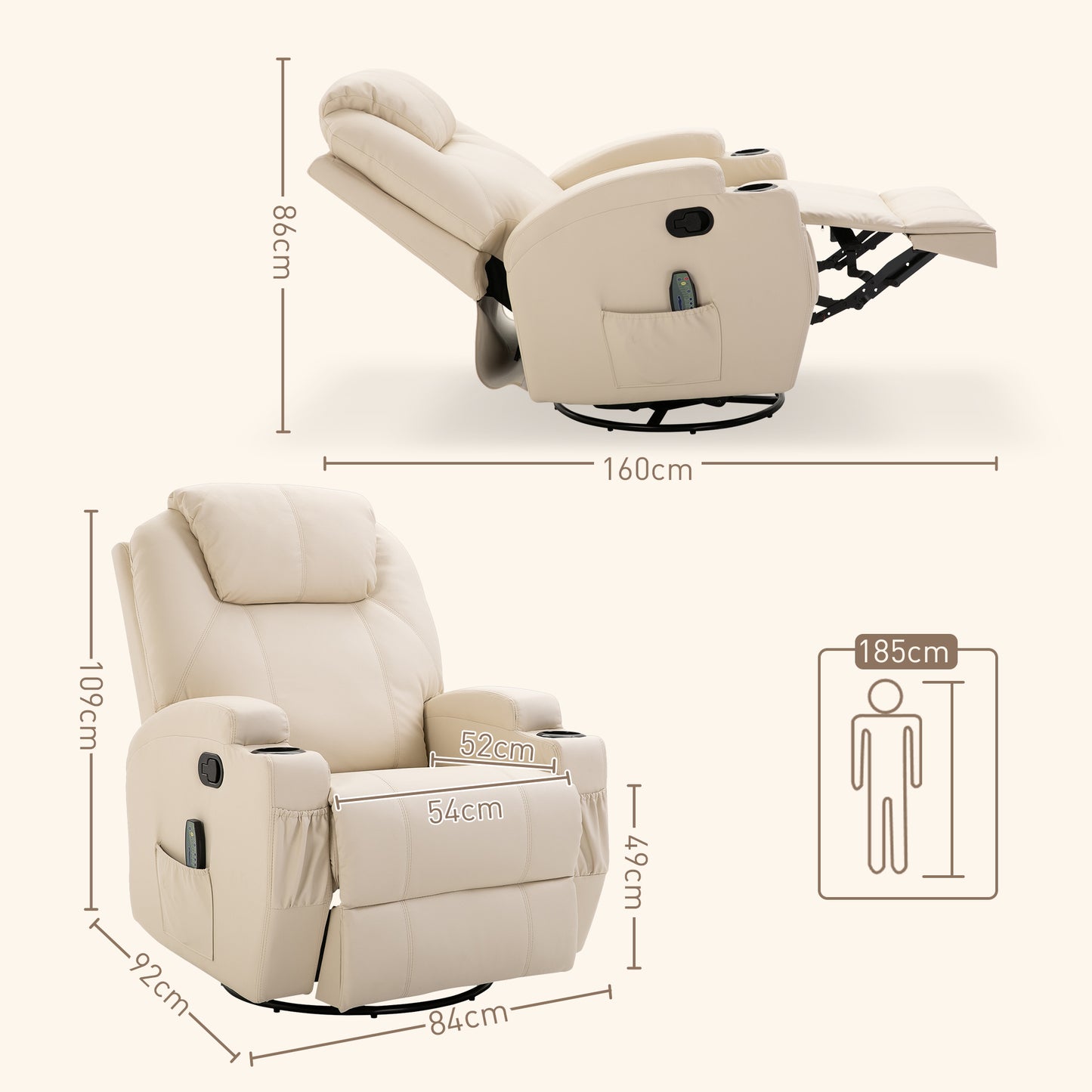 HOMCOM Massagesessel Elektrisch Relaxsessel Fernsehsessel Massagefunktion 5 Massage-Modi Liegefunktion Kunstleder Holz Metall Schaumstoff Cremeweiß 84 x 92 x 109 cm